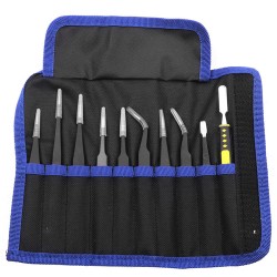 10pcs Stainless Steel Tweezers Set Anti-static Esd Maintenance Tools With Disassembly Crow Bar Canvas Bag (tweezers 10 pcs/set)