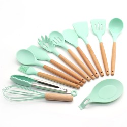 13Pcs/set Silicone Kitchenware Wooden Handle Cooking Kitchen Tools with Storage Bucket As shown_13-piece set