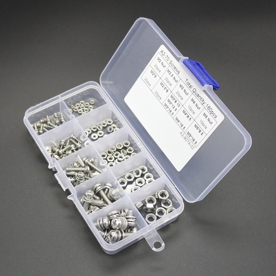 160 pcs/set 304 Stainless Steel Screws Cross Head Screws Bolts Nuts Kit Assortment M2 M2.5 M3 M4 M5 Widely Use Silver