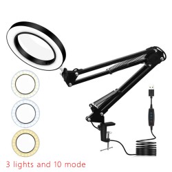 160mm Clip-on Magnifying Glass 10 Times with 3-color Led Lamp Magnifier for Reading Beauty Tattoo Embroideryn