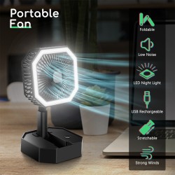 2-in-1 Mini Cooling Fan with Led Light Portable Foldable Adjustable Height Angle Usb Rechargeable Black