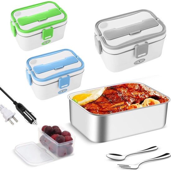 2-in-1 Portable Electric Heated Lunch Boxes 1.8L Stainless Steel Food Warmer with Cutlery for Home Office White US plug