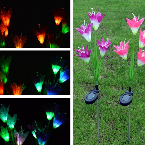 2PCS 4-head Solar-powered LED Lily Lawn Light with Colourful Light Waterproof Light Sensor Lamp Festival Yard Decoration Pink + purple
