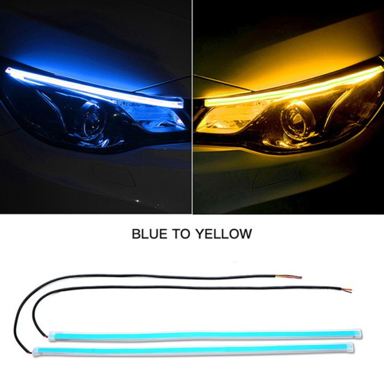 2pcs Automotive LED Turn Signal Driving Light Belt, Ultra-thin Light Guide Strip Two-color Streamer Turn Decorative Light Accessories 45CM blue and yellow pair