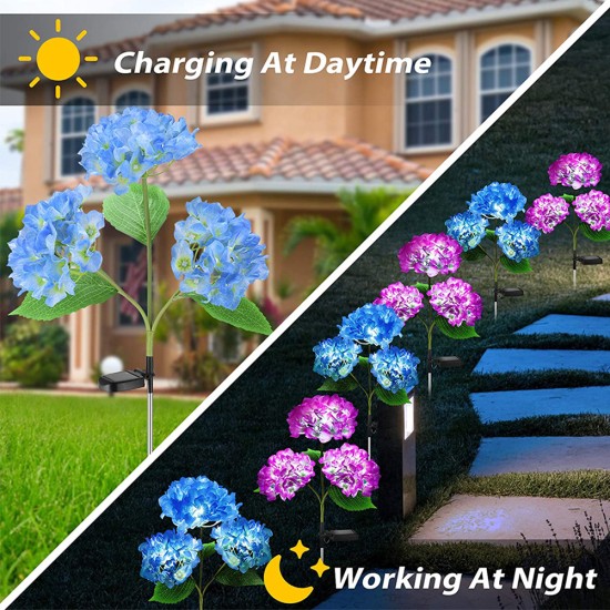 2pcs Solar Hydrangea Flower Light 3 Heads Lawn Lamps with Stake for Outdoor Garden Patio Country Decoration Blue