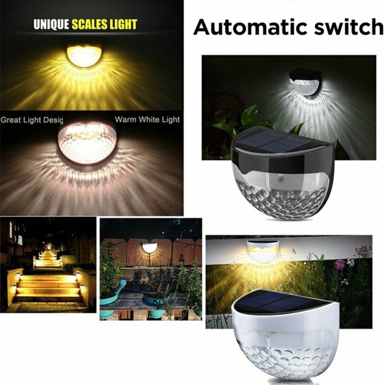 2pcs Solar Semi-circular Wall Light 6LED Waterproof for Stair Outdoor Fence Porch Garden White Shell Cold White