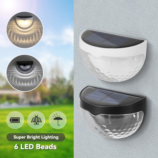 2pcs Solar Semi-circular Wall Light 6LED Waterproof for Stair Outdoor Fence Porch Garden White Shell Cold White