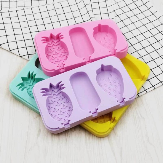 3 Cavities Silicone Ice Cream Mold Reusable Ice Cubes Tray Popsicle Mold with Stick random_Banana radish mango