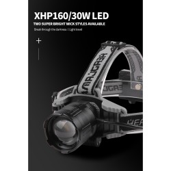 30w Xhp160 Led Headlamp 170 Degree Adjustable Telescopic Zoom Type-c Rechargeable Head Lights