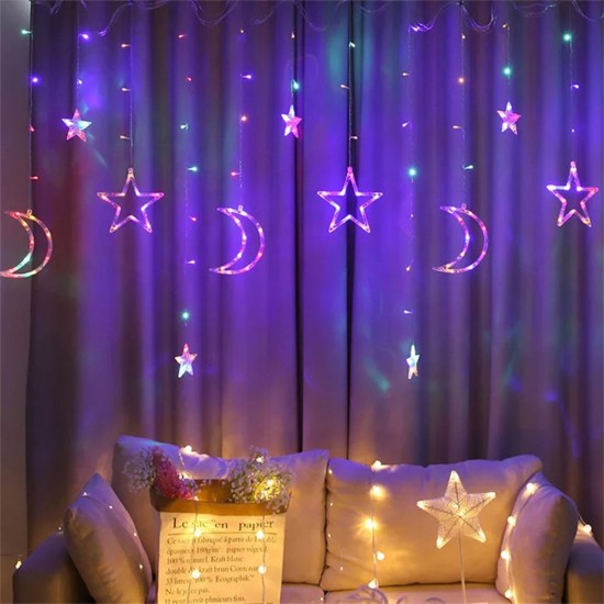 3.5m Star  Moon  Curtain  Light Battery Powered Led Waterproof Decorative Light String For Indoor Outdoor Bedroom Kitchens Terraces Colorful