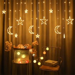 3.5m Star  Moon  Curtain  Light Battery Powered Led Waterproof Decorative Light String For Indoor Outdoor Bedroom Kitchens Terraces Warm color