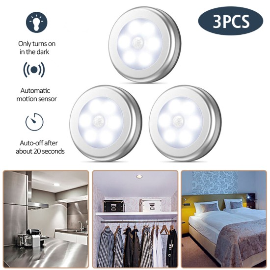 3Pcs 6LEDs Silver Color Round Shape Induction Round Shape Light for Cabinet Closet  Warm White_6LED