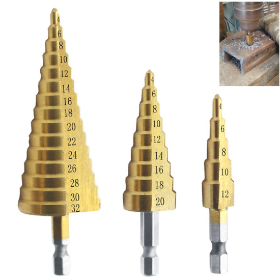 3pcs Hss Titanium Coated Step Drill  Bit Drilling Power Tools Wood Hole Cutter Cone Drill 4-12