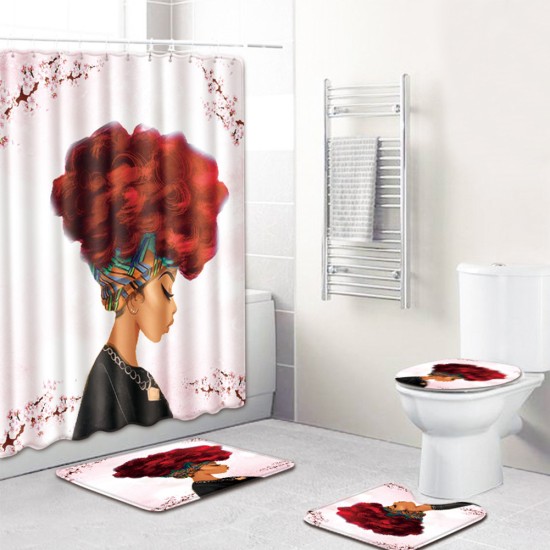 4Pcs/Set Stylish African Women Series Pattern Bath Set Shower Curtain Non-Slip Toilet Pad Cover Bath Mat9N3R