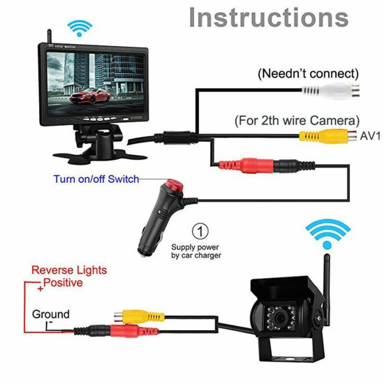 7 Inch Monitor for Rv Truck Bus Wireless Night Vision System Rear View Backup Camera Black
