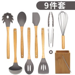 9Pcs/Set Kitchen Utensil Set Silicone Cooking Nonstick Cookware Spatula Spoon Set  with bamboo seat