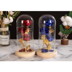 Colored  Roses  Ornaments 3 Flowers Glass-covered Gold-leaf Artifical Roses Luminous Led Night Light Creative Valentine Day Gifts Log Red Flower