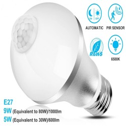 E27 Light Bulb Energy Saving Pir Infrared Sensor Auto On/off Dusk to Dawn Lamps 6500k Cold White 9W