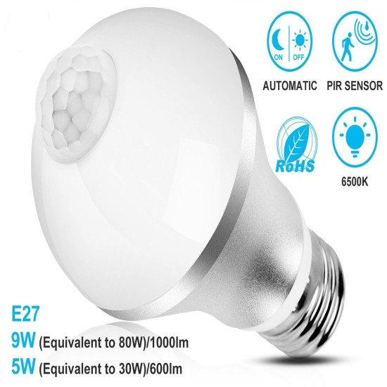 E27 Light Bulb Energy Saving Pir Infrared Sensor Auto On/off Dusk to Dawn Lamps 6500k Cold White 9W