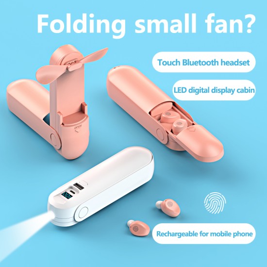 F7 Bluetooth Headset Touch LED Digital Headset Handheld Fan Rechargeable Flashlight Pink