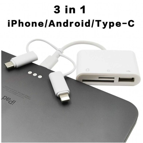 Lightning/Typec 3 in 1 Iphone Android Mobile Phone Computer Card Reader Multi-function OTG white
