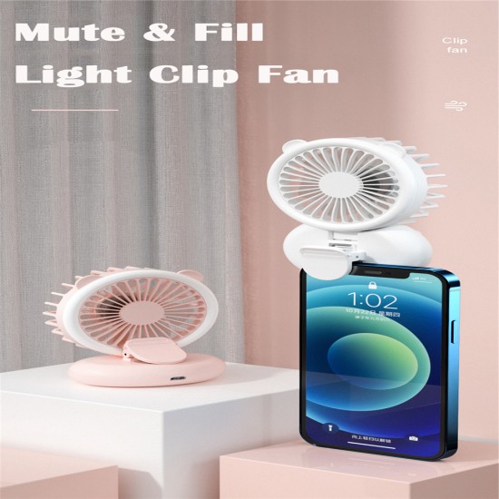 Portable Hand-held Folding Clip  Fan Fill Light Mini Fan Student Dormitory Desktop Usb Rechargeable Cooling Fan pink