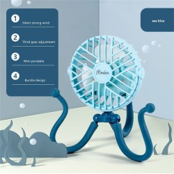 Portable Mini  Fan With Led Light Octopus Bracket Usb Rechargeable Baby Stroller Silent Cooling Fan blue
