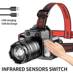 Sensor Led Headlamp Zoomable Usb Charging Fishing Lamp Head-mounted Flashlight Torch Black