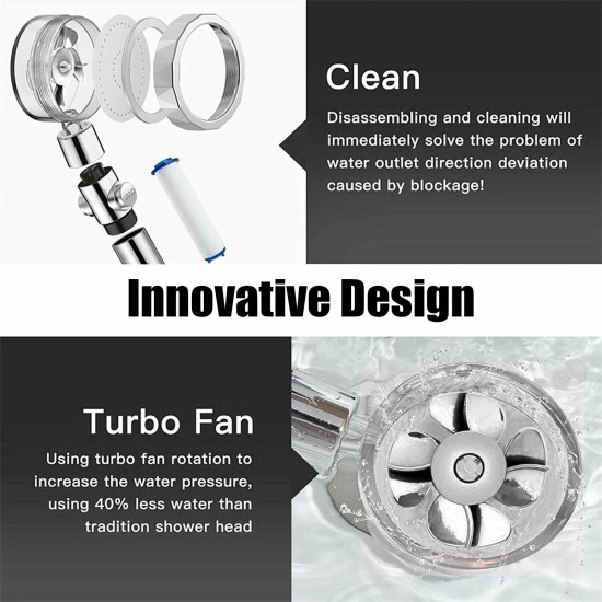 Shower Head Multi-color Water Saving Flow Detachable 360 Rotating High Pressure Nozzle with Turbo Fan Silver