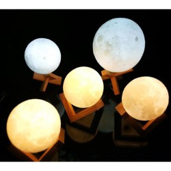 Simulation 3D Moon Night Light, 3 LEDs USB Rechargeable Moonlight Desk Lamp with Wood Base- 10 cm
