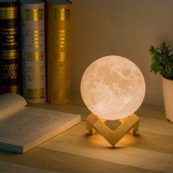 Simulation 3D Moon Night Light, 3 LEDs USB Rechargeable Moonlight Desk Lamp with Wood Base- 10 cm