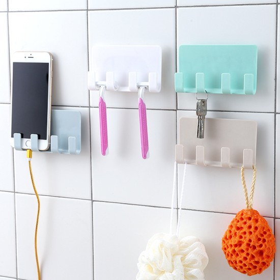 Sticky Phone Support Phone Charger Holder Wall Mounted 4 Hooks Storage Hanger Storage Rack for Home Kitchen Bathroom white