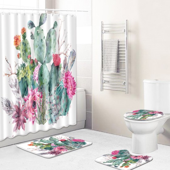 Succulent Plants Pattern Shower Curtain + Floor Mat +Toilet Seat Cover+ Foot Pad Set 180*180 shower curtain +45*75 three-piece floor mat set