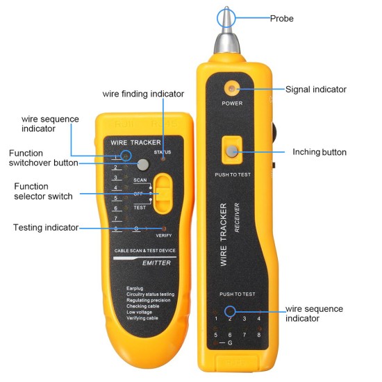 Wire Tracker RJ11 RJ45 Line Finder Cable Tester for Network Cable Collation, Telephone Line Test with Low Battery Capacity Indication