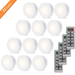 Wireless LED Puck Light, Set with Dimmer and Timer, Battery Powered Light with Remote Control, Suitable for Kitchen,12 Pack