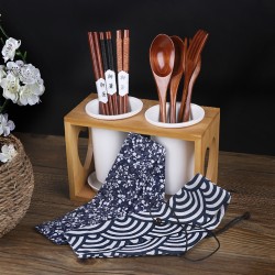 Wooden Tableware Cutlery Set Travel Including Long Handle Spoon Fork Chopsticks with Cloth Bag