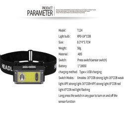 Xpe+cob Headlight With Indicator Light Type-c Rechargeable Lamp Sensor Lighting Headlamp T124 + 1 x 18650 battery