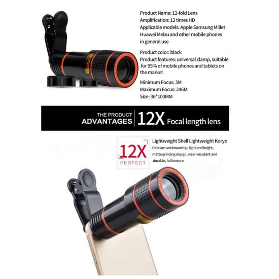 12x 8x Optical Zoom Macro HD Lens With Lens Cap Phone Clip For Smartphone Camera Lens 12X lens