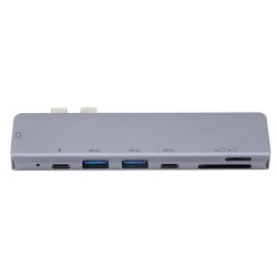 7-in-2 Hub for MacBook Pro Line Concentration Data Converter with Dual USB Type-C Port One Lighgning Port SD TF Card Slot Support Plug and Play gray