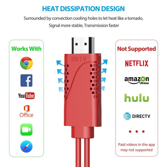8-pin to HDMI Adapter 1080P HDTV Cable with Cooling Vents for iPhone X/8/ 7/iPad/iPod Touch black