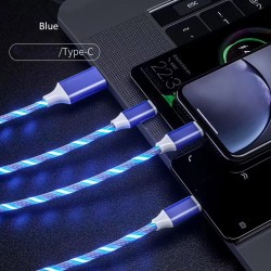 3-in-1 USB to Micro USB Type-C Lighting 2A LED Fast Charging Data Cable Adapter for Mobile Phones blue