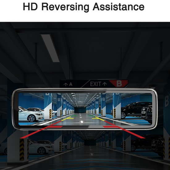 12-inch Car Dash Cam Touch-screen 360-degree Panoramic Rearview Mirror Black
