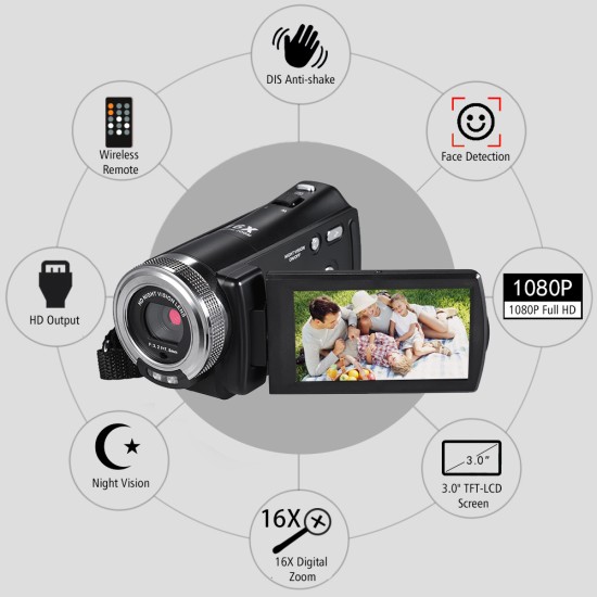 1080P Video Camera Full HD 16X Digital Zoom Recording Camcorder with Night Vision V12