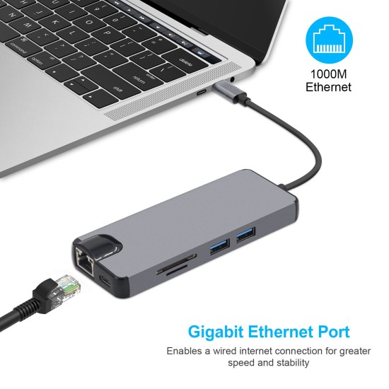8 USB Port C HDMI VGA LAN Ethernet RJ45 Adapter for Mac Book Pro Type C Hub Card Reader 2 USB 3.0 Type-A + Type-C Charging Port gray