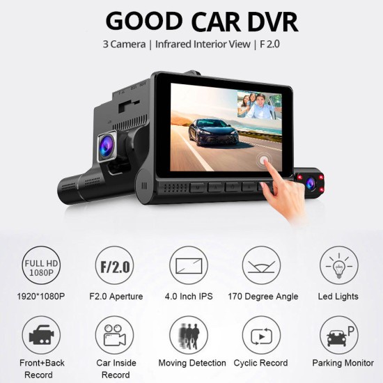 4 inch 3-Lens Car 170°Night Vision DVR Dash Cam Front + Rear and Inside Camera HD00150