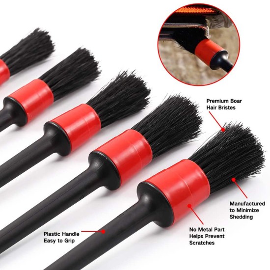 6pcs Detailing Brush Set 5 Different Sizes Auto Detail Brush Kit with Free Car Wash Mitt Natural Boar Hair Brushes Black detail brush