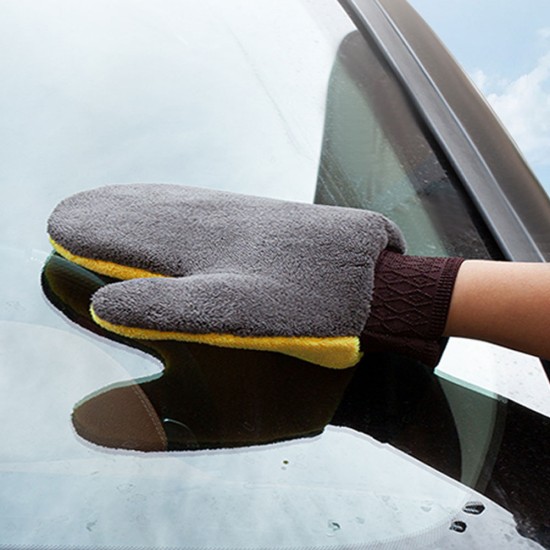 Plush Car Washing Gloves Double-sided Coral Fleece Velvet Wiping Mitt Thickened Cleaning Brush Tools yellow + gray
