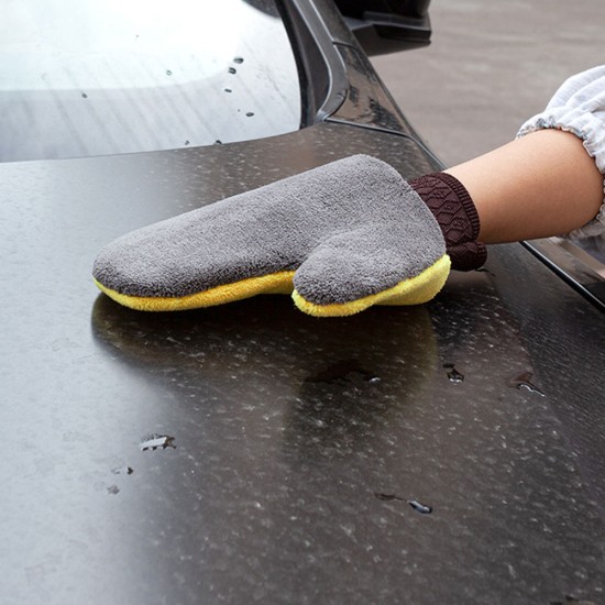 Plush Car Washing Gloves Double-sided Coral Fleece Velvet Wiping Mitt Thickened Cleaning Brush Tools yellow + gray