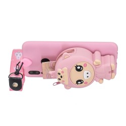 For HUAWEI Y6 2019 Y7 2019 Y9 2019 Cartoon Full Protective TPU Mobile Phone Cover with Mini Coin Purse+Cartoon Hanging Lanyard 3 deep pink piglets