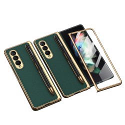 Leather Folding Mobile Phone  Case All-inclusive Anti-drop Creative Pen Slot Mobile Phone Cover Compatible For Zfold3/w22 green